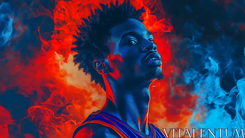 Portrait of male subject with red and blue smoke effects.