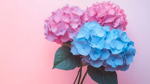Pink and Blue Hydrangea Blooms Against Soft Gradient