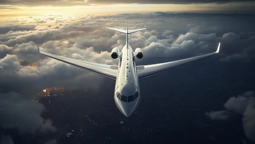Private jet aircraft flies above dense cloud layer at dusk