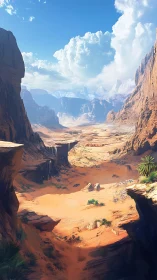 Sunlit canyon riverbed dreaming under cathedral clouds.