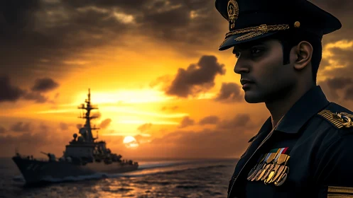 Navy officer gazing to sea beneath a glowing sunset sky.