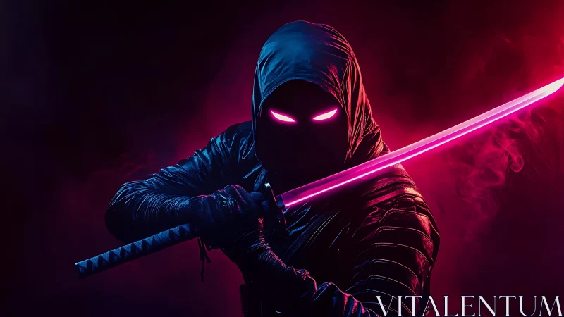 Cyberpunk neon ninja with katana under magenta vapor lighting.