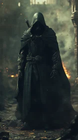 Hooded armored wraith advances through ember‑lit battlefield haze