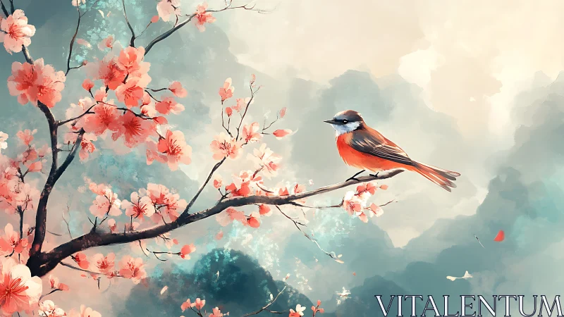 Spring songbird resting in soft painted cherry blossoms.