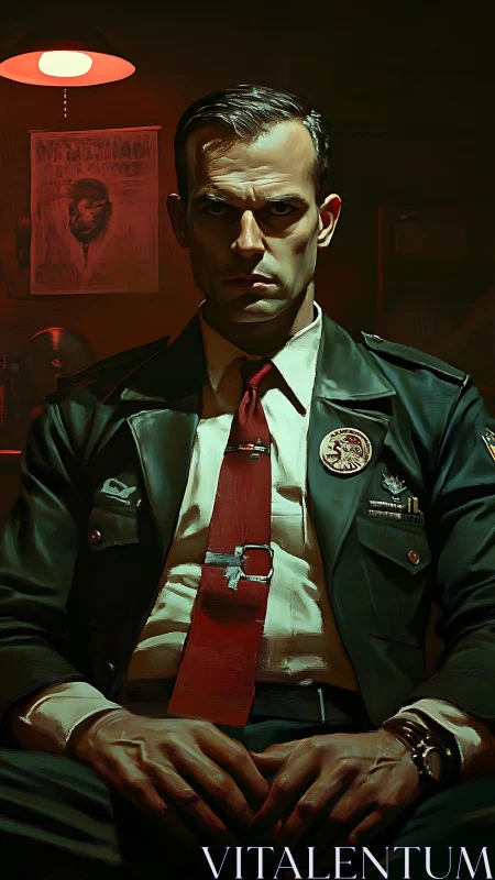 Interrogation room officer in cinematic noir desk lighting