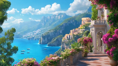 Terraced coastal architecture above blue bay with hillsides.