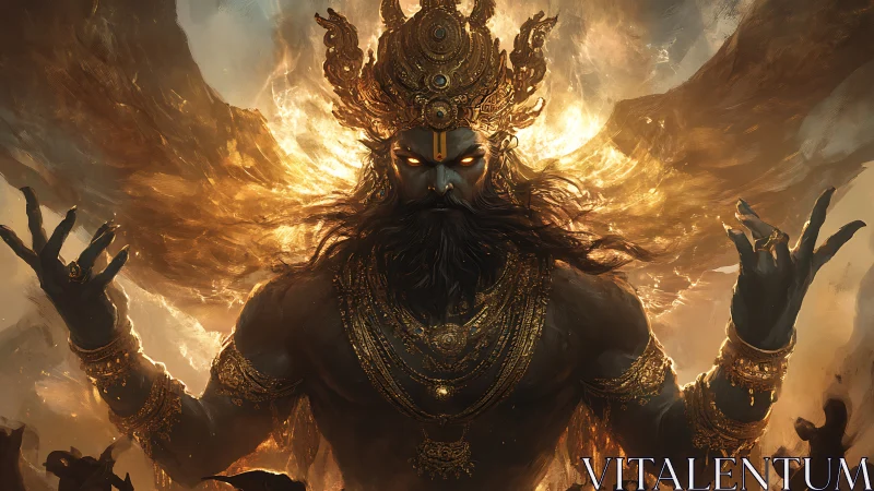 Mythic war deity rendered in high-detail golden digital painting