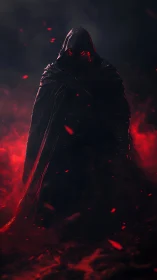 Hooded dark wraith emerging through crimson embers and smoke.