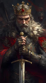 Weathered king stands in crimson cloak with steadfast gaze.