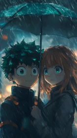 Anime duo share teal umbrella under vivid neon rainstorm.