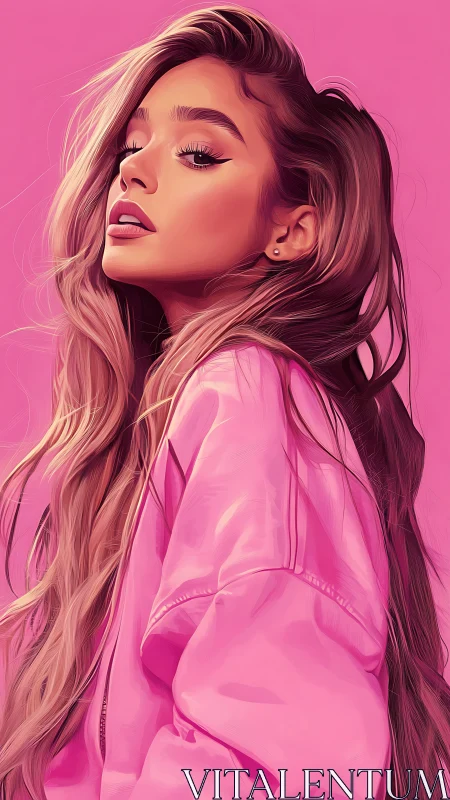 Digital portrait depicts woman in pink jacket on pink field