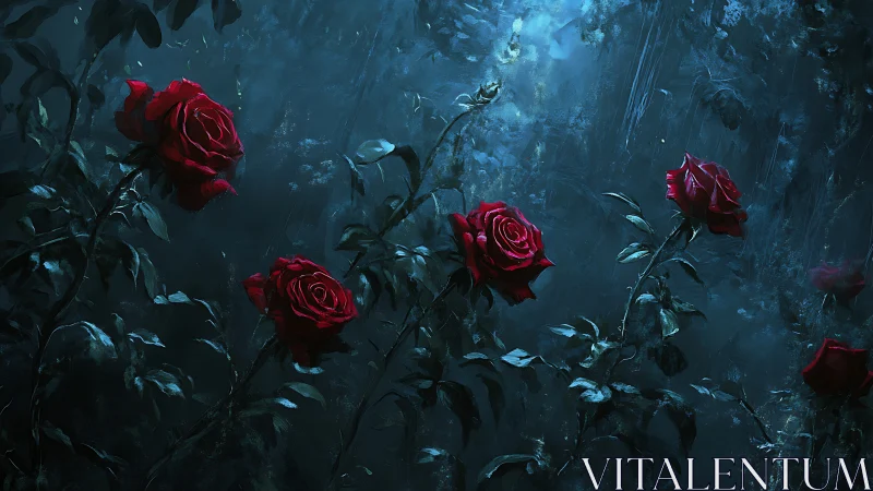 Deep Red Roses Blooming in Twilight.