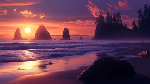 Sunset tide whispers along violet sea stacks and pines.