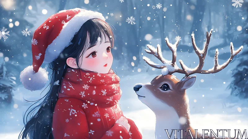 Girl in red coat meets reindeer during gentle winter snowfall