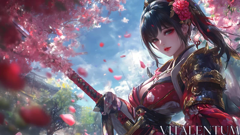 Samurai blossoms whirl as the crimson warrior claims spring