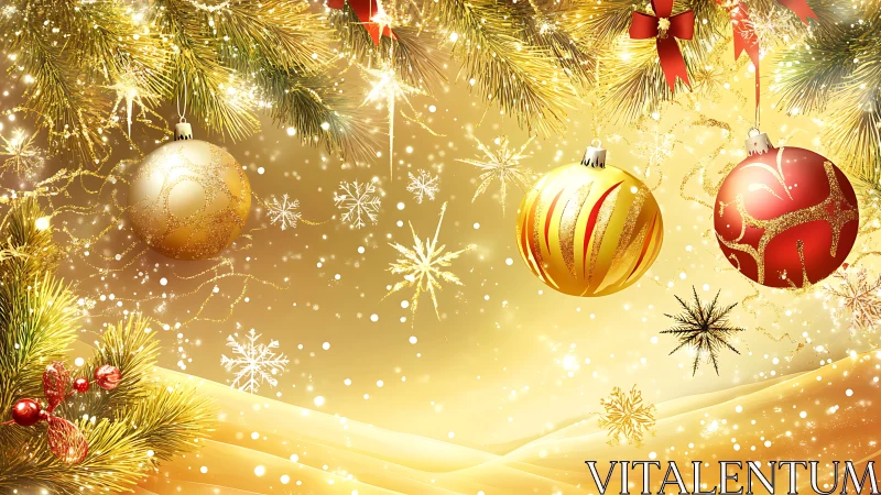 Gilded snowflake ballroom with glowing Christmas baubles.