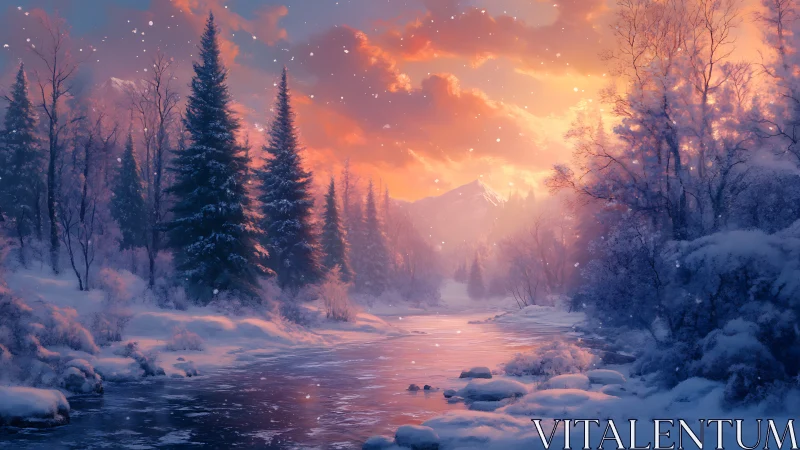 Snowy river valley under vivid orange winter sunset.