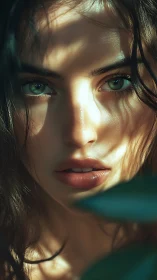 Sunlit green-eyed portrait framed by soft foliage shadows.