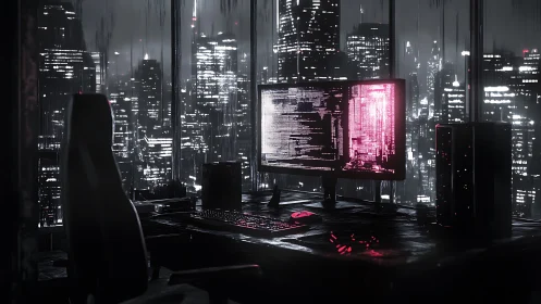 Noir cyber desk overlooking neon-drenched rainy skyline.