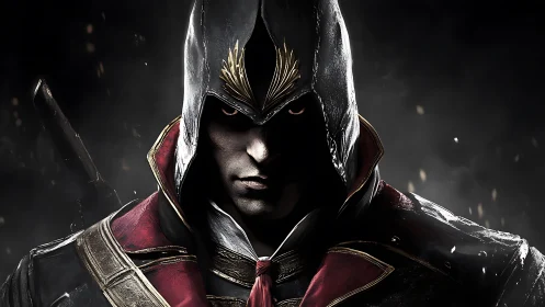 Hooded armored figure in dark dramatic frontal portrait.