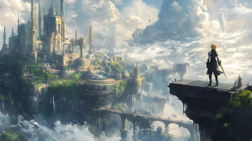 Solitary figure observing expansive floating fantasy cityscape.