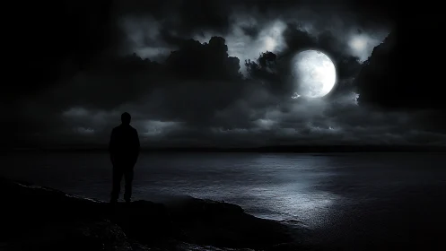 Solitary figure watches stormy moonlit ocean horizon.