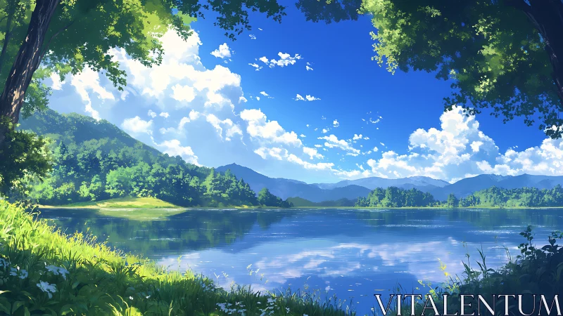 Summer lake landscape under clear blue sky with clouds.