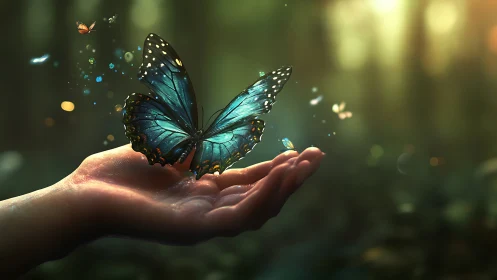 Blue butterfly resting gently on an outstretched hand.