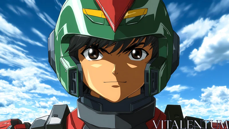 Anime pilot in green combat helmet stares forward calmly
