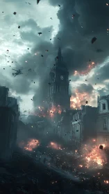 Urban Apocalypse: Clock Tower Destruction in Fiery Ruins