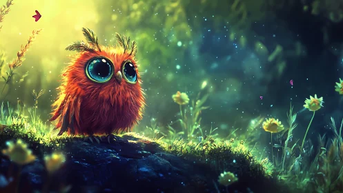 Neon-lit fluffy owl with oversized reflective eyes in luminous meadow