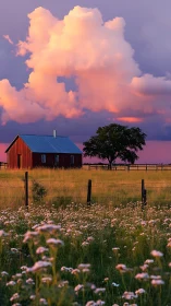 Red barn stands in sunset field under large glowing clouds