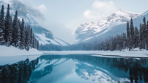 Snow-covered conifer forest surrounds a reflective mountain lake