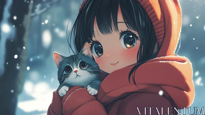 Girl in orange hood holding gray cat in snowy forest scene.