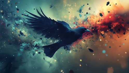 Raven in cosmic nebula burst amid scattering embers and dust.