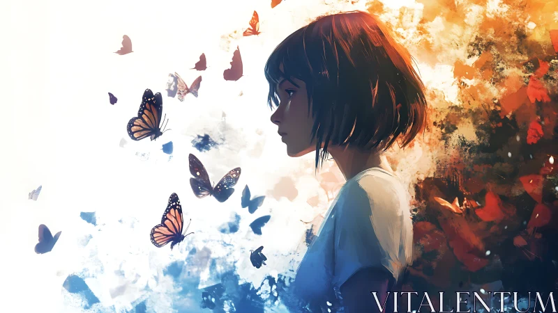 Girl in profile watches butterflies drift through light and color.