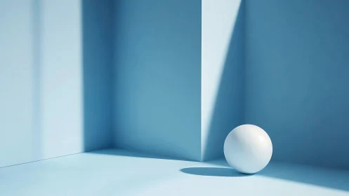 White sphere in blue minimal room with strong shadows.