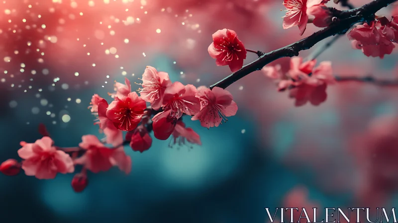 Red Blossoms on Dark Branch with Bokeh Light Particle Rendering