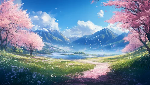 Spring valley landscape with cherry trees and mountains.