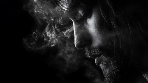 Smoke-kissed profile dreaming in monochrome hush.