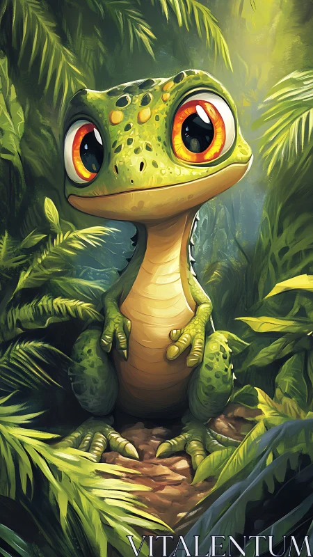 Wide-eyed cartoon gecko sits in lush sunlit jungle clearing