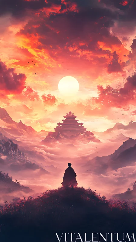 Monk Silhouette Before Distant Temple At Fiery Sunrise.