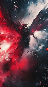 Armored angel rises through crimson storm and shattered light