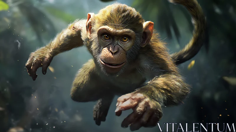 Young monkey rendered mid-leap in dense jungle setting