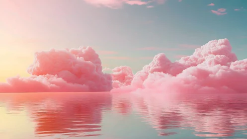 Dreamlike pink clouds drifting above mirrored sea.