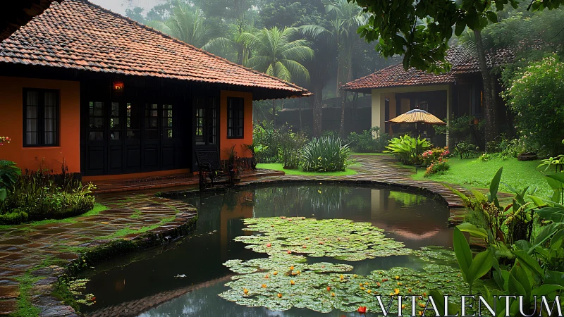 Lily-pad courtyard retreat under misty tropical hush.