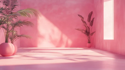 Soft pink sunlit room with dreamy tropical potted palms.