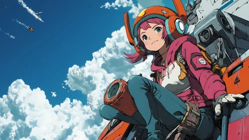 Sky pilot girl leans into the wind atop her orange mech