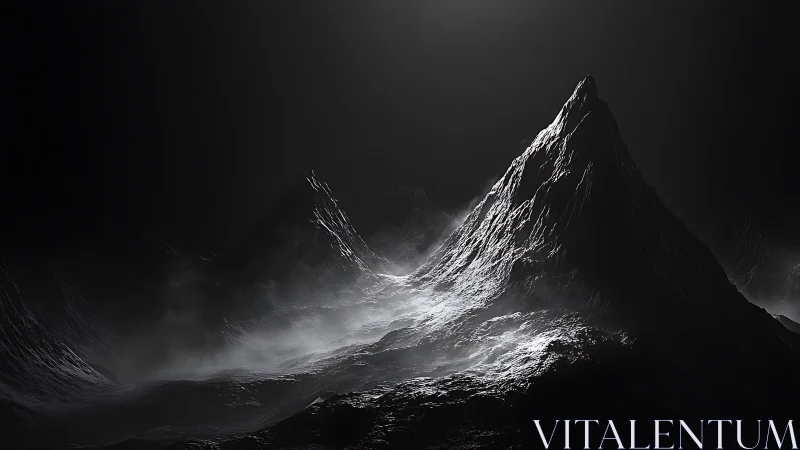Monochrome mountain peak emerges from shadowed mist