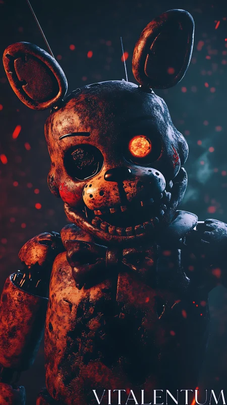 Rusty animatronic rabbit with glowing eye in sparks.